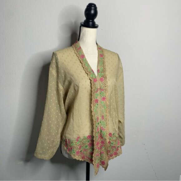 Lauren Ralph Lauren Embroidered Floral Lace Trim Sheer Blouse - Picture 6 of 13